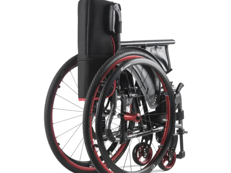 A krypton f manual wheelchair in black and red folded