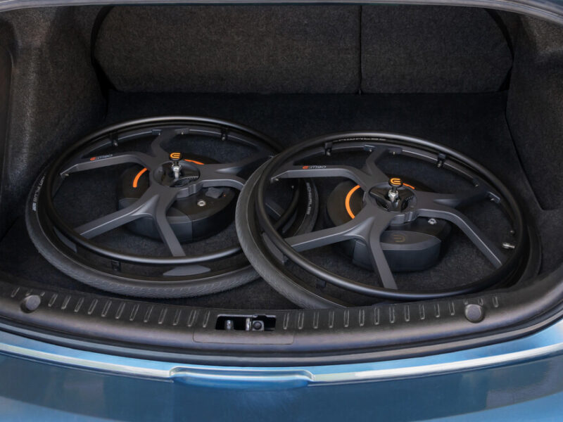 Sunrise Medical M90 wheelchair wheels in a boot of a car