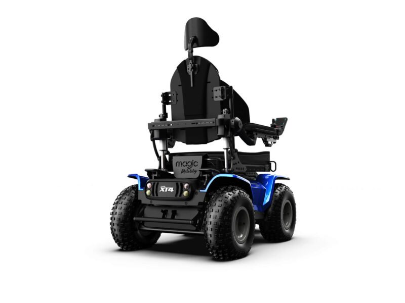 Rear view of a blue xt4 powerchair with specialist seating