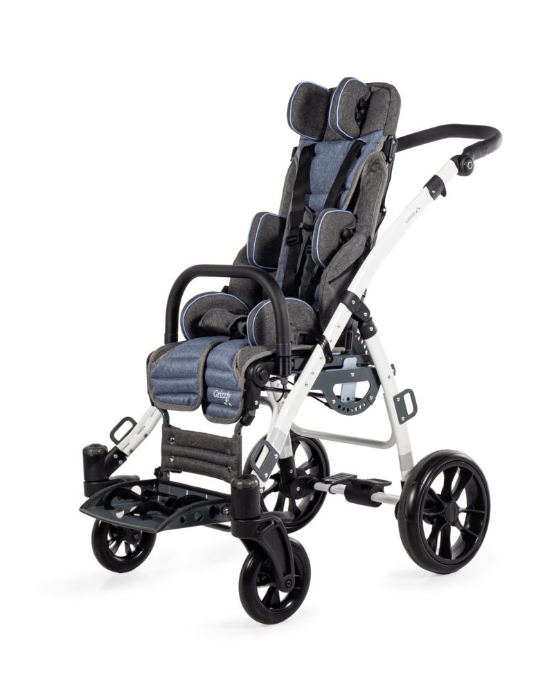 side view of a grizzly disability buggy in blue/grey colourway