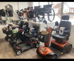 scooters and wheelchairs in arb mobility showroom in taunton