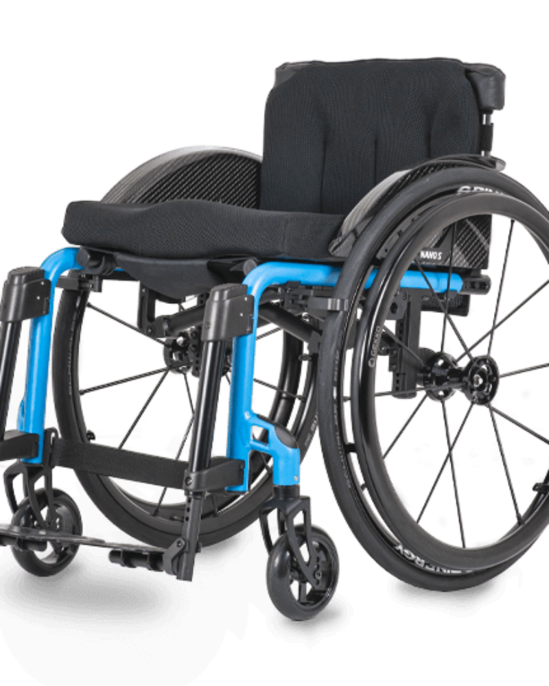 NANO S ACTIVE WHEELCHAIR WITH BRIGHT BLUE FRAME AGAINST A WHITE BACKGROUND