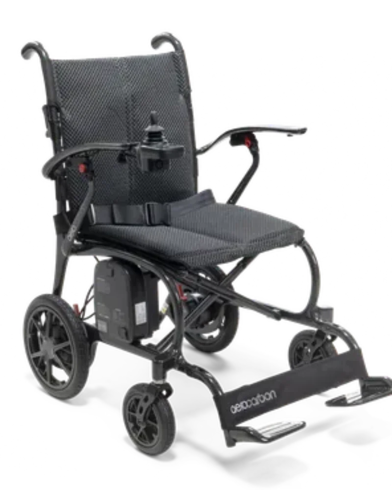 Areocarbon folding wheelchair against a white background