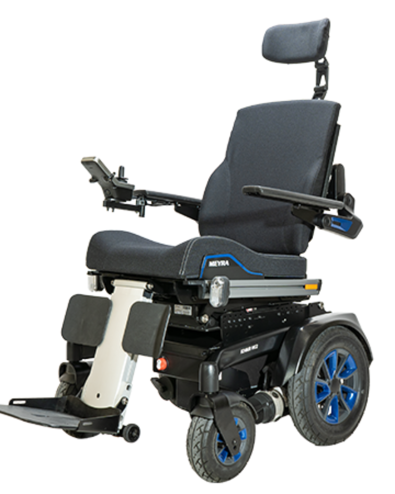 new mc2 meyra powerchair in black and blue against a
