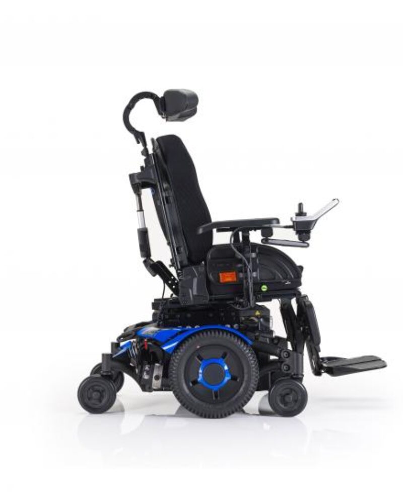 side view of an invacare tdx powerchair with blue accents against a white background