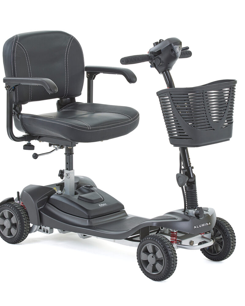 A Alumina mobility scooter in charcoal against a white background